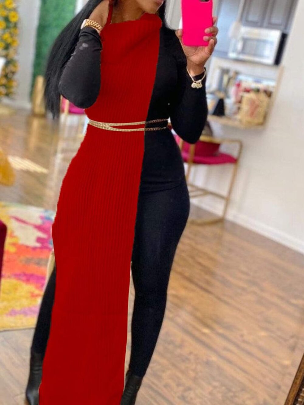 Solid Slit Turtleneck Sleeveless Dress (Without Waist Chain) - Red